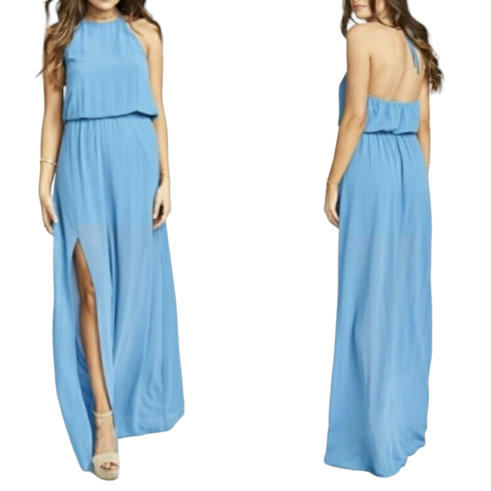 Show Me Your Mumu Heather Halter Dress L Blue Solid Maxi Scoop Neck New / FLAW